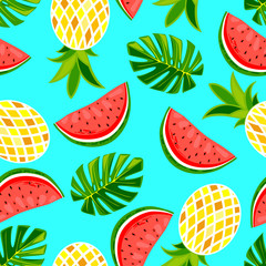 Cotton fabric Exotic summer vector. Seamless pattern with watermelon and pineapple.