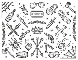 Old school tattoos set. Black icons: knifes, bones, bombs, pistols. Hand drawn dotwork isolated illustration. Eps10 vector