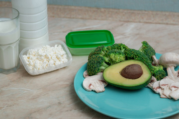 Close up composition of various raw organic vegetables ,fruit and milk products. Healthy diet and...