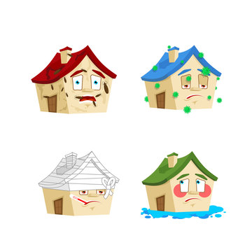 House Cartoon Style Set 2. Home Sick And Infected. Bandaged And Flooded. Building Collection Of Situations
