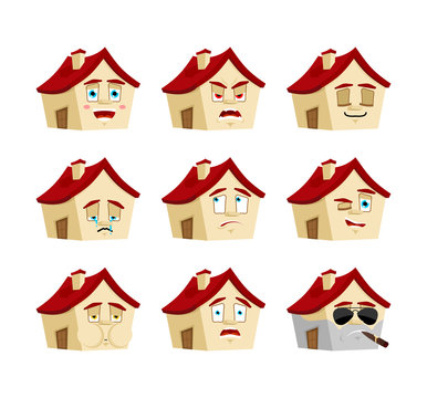 House set emotion. sleeping and evil emotion avatar. bewildered and sad Home emoji. Building fear and happy icon. serious and winks