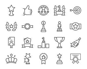 set of award line icons, such as star, champion, prize, acheivement, winner, trophy, glory, certificate