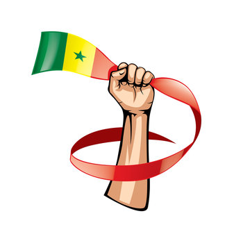 Senegal flag and hand on white background. Vector illustration