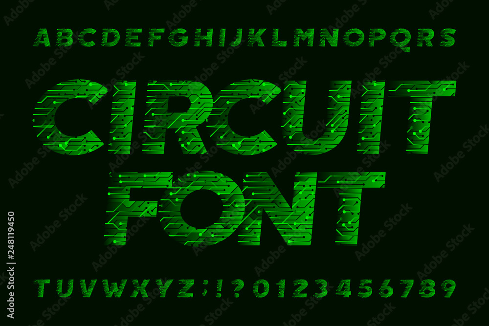 Fototapete circuit board font. cyber vector alphabet. digital hi-tech style letters and numbers in green.