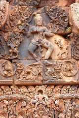wonderful carvings in the kudu-arch at the temple.Banteay Srei temple, Siem Reap, Cambodia, Asia