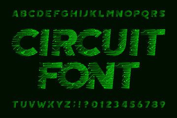 Circuit board font. Cyber vector alphabet. Digital hi-tech style letters and numbers in green.