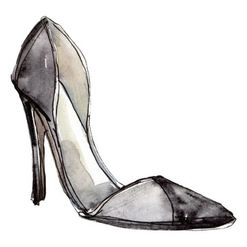 Black high heel shoes sketch glamour illustration in a watercolor style isolated element. Watercolour background set.