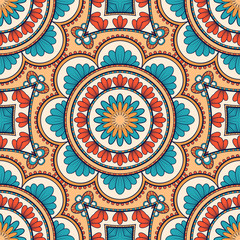 Decorative colorful ethnic seamless pattern for fabric or wrapping in oriental style. Hand drawn illustration