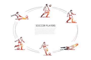 Soccer players - male sportsmen in traditional clothing in different poses with soccer ball vector concept set