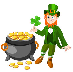 Happy Saint Patrick s Day. Character with green hat. Cartoon funny leprechaun with clover. Vector illustration