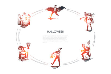 Halloween - people in costumes of ghost, bat, devil, fairy, witch, zombie vector concept set