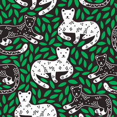 Obraz premium Jungle seamless pattern with panther and leaves on black background