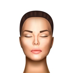 Vector illustration of realistic beautiful nice woman face witn closed eyes, light skin on white background isolated. Photorealistic style.
