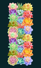 Beautiful vertical tape of succulents flowers.Elegant vector floral collection. Can be used for greeting card or wedding invitation, natural cosmetics, health care, yoga center and other design