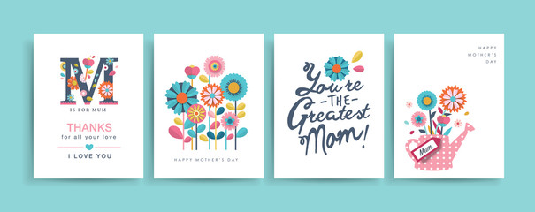 Fototapeta na wymiar Set of Mother's Day greeting cards with paper cut flowers and typography