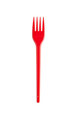 Disposable plastic red fork - cutlery. Isolated on white background without shadow