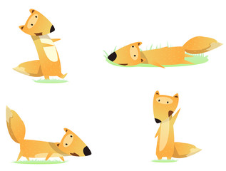 Vector set of cartoon funny foxes isolated on white background. Cute, funny animals, fox character doing various actions used for magazine, book, poster, card, web pages. Vector illustration