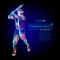 Abstract baseball player male figure with bat in batter action moving pose human silhouette Vector cyber sports outline shape contour illustration in line art style isolated on dark background