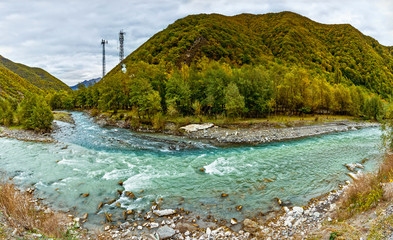 The confluence of two rivers - the White and Black Aragvi. Autumn.