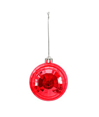 Hanging red christmas bauble with ornament isolated on white background