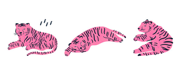 Pink tiger lies in three various poses. Hand drawn vector set. All elements are isolated 