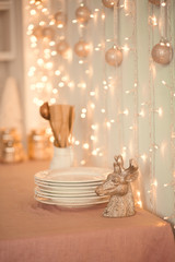 2019 happy New Year set stock red knitted Mittens with wooden numbers 2019 against red paper background. empty copy space for inscription. colorful sweet confetti