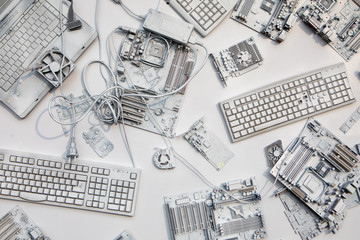 A collage of old computer components in white color