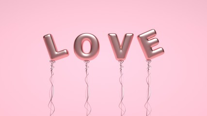 Rose Gold Love Helium Balloons Text Isolated On The Pastel Pink Background - Valentine's Day - 3D Illustration