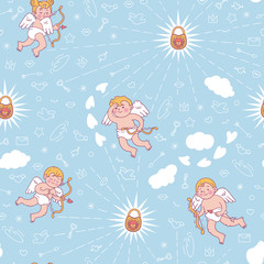 Seamless pattern with cute cupids for Valentine's day or wedding.Vector colored illustration isolated on white.