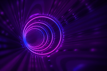 Round tunnel with reflective walls and neon circle illumination 3D Illustration