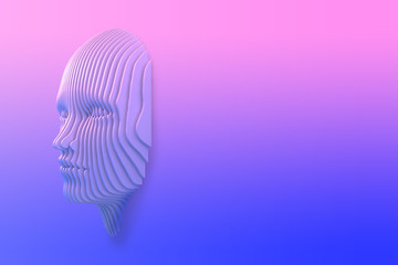 Conceptual image of the female head cut out of the wall and coming out of the wall. 3d illustration