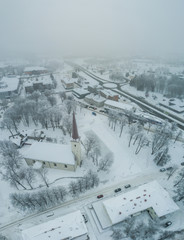 Aerial view of the city on a cold winter day. Sunset on a winter day.