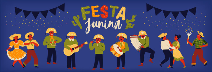 Brazilian Traditional Celebration Festa Junina. Portuguese Brazilian Text saying Fair. Festa de Sao Joao. Festive Typographic Vector Art.
