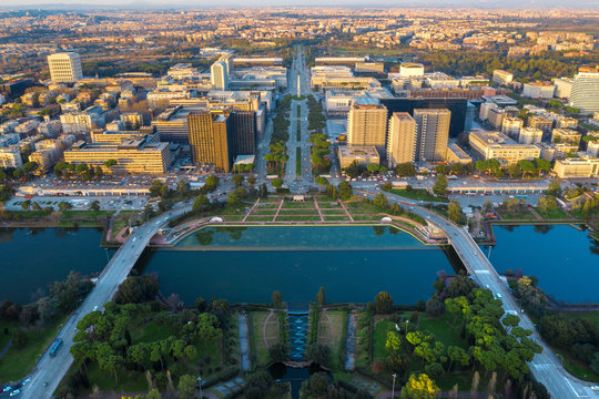 Aerial view of the modern EUR district in Rome, built for the Universal Exposition that should have been held in the Capital in 1942. In the foreground the small lake and the neighborhood park