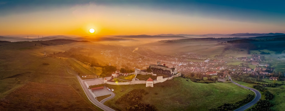 Romania from above. Panoramic view with the Rupea Fortress in Transylvania