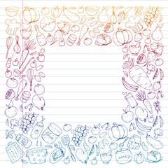 Healthy food and cooking. Fruits, vegetables, household. Doodle vector set.