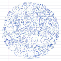 Vector seamless pattern with travel and beach icons.