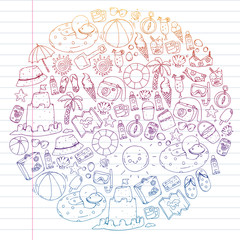 Vector seamless pattern with travel and beach icons.