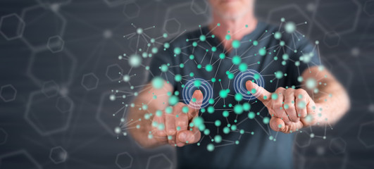 Man touching a virtual network