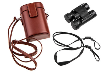 binoculars and brown leather case isolated on white