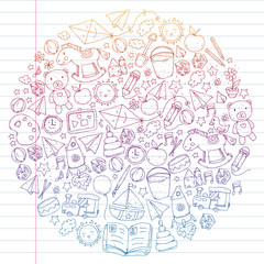 Kindergarten with toys. Pattern for children. Little preschool kids education. Drawing, learning, play