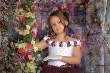Girl in a purple dress on a floral background