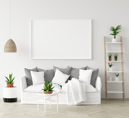 Mock-up frame in interior background,Scandi-boho style, 3d render