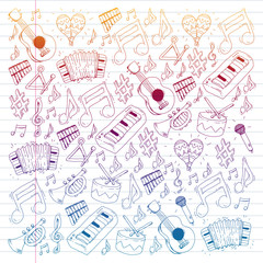 Music background for patterns. Vector illustration with musical instruments.