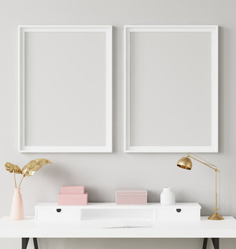 Mock up poster frame in interior background with decor on shelf, 3d render