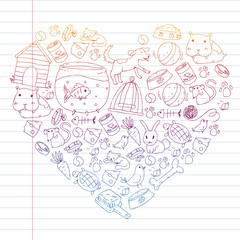 Pet shop. Vector illustration with animals, dog, cat, fish, Colorful background with kitten, bird, puppy. Veterinarian clinic.