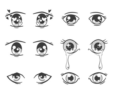 Anime eyes with different expressions. Vector black silhouette icons set isolated on white background.