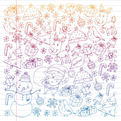 Christmas winter party. Happy new year. Bullfinch, Santa Claus, snowman, deer. Presents and candy.