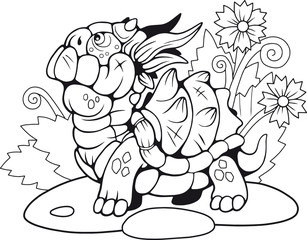 cute little cartoon turtle dragon, coloring book, funny illustration