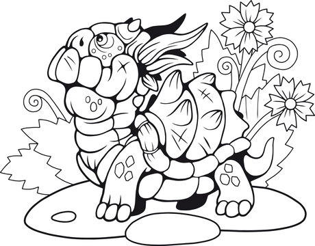 cute little cartoon turtle dragon, coloring book, funny illustration